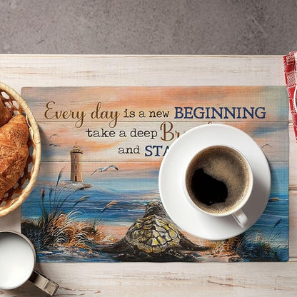 Sea Turtle Beach Summer Placemats Set of 6 Coastal Lighthouse Nautical Inspirational Quotes Double-Sided Table Mats for Dining Room Home Party Indoor 6 PCS 12x18 Inch
