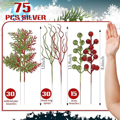 75 Pcs Christmas Glitter Branches 3 Styles Artificial Christmas Picks Berries Stems Pine Needles Floral Twig Spray for Xmas Tree Ornaments DIY Wreath Garland(Red, Green)
