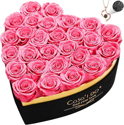Preserved Roses Flowers for Delivery 27 Pcs, Forever Flores in Heart Box with Necklace, Eternal Rose Anniversary Birthday Gift for Women Wife Girlfriend, Rosas for Valentines Christmas, Pink