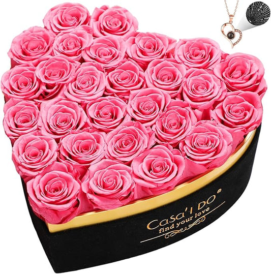 Preserved Roses Flowers for Delivery 27 Pcs, Forever Flores in Heart Box with Necklace, Eternal Rose Anniversary Birthday Gift for Women Wife Girlfriend, Rosas for Valentines Christmas, Pink