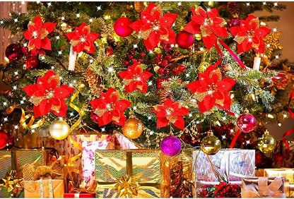 WILLBOND 36 Pieces Christmas Poinsettia Glitter Faux Flowers Christmas Artificial Flowers Tree Ornaments Topper Xmas Decorations(Red)