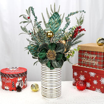 Briful 2PCS Christmas Glitter Magnolia Flowers Picks and Spray with Christmas Balls Ornament Berries Green Leaves Branches for Xmas Tree Wreath Vase Table Centerpiece(Green Gold)