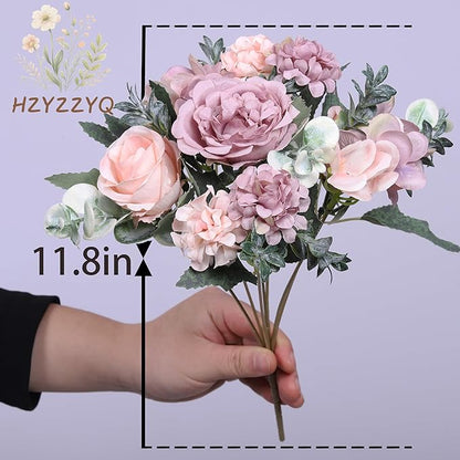 8 Pack Artificial Peony Flowers, Silk Peonies Flowers Fake Peonies Artificial Flowers Peonies Hydrangea Bouquet for Centerpiece Table Wedding Party Home Decor (8, Purple + Pink)