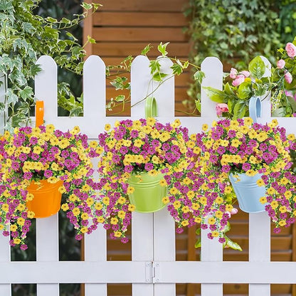 Artificial Flowers for Outdoors 6PCS，All Weather Fade Proof, UV Resistant Waterproof Realistic Faux Silk Mums Daisies Purple & Yellow for Hanging Planters Porch Patio Balcony Deck Fence Garden Decor