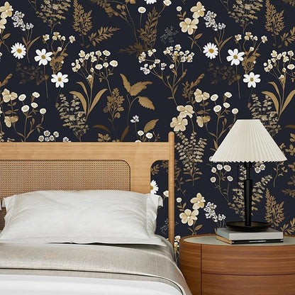 Dark Floral Wallpaper Peel and Stick 17.5in x 393in Navy Gold Leaf Wallpaper Vinyl Waterproof Self-Adhesive Boho Botanical Wall Paper Black Decor for Bathroom Bookcase Bedroom Cabinet