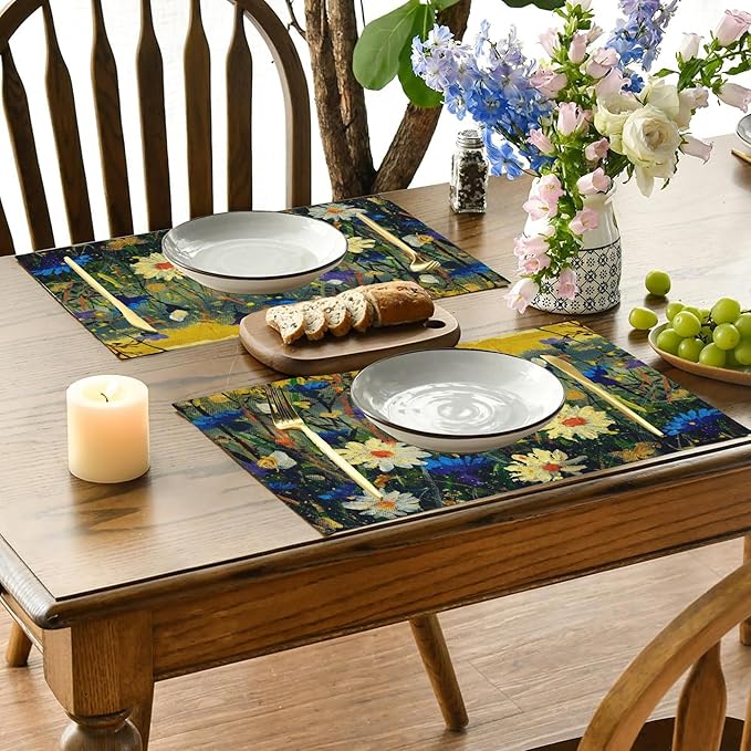 Watercolor Daisies Placemats Set of 4,Blue Cornflowers 12x18 Inch Non-Slip Washable Heat Resistant Linen Fabric Table Mats,Place Mats for Holiday Party