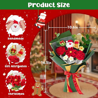 Crochet Flower Bouquet, Handmade Knitted Flowers, Green Crochet Bouquet for Lover Christmas,Birthday, Anniversary, Wedding Gifts(Include Card)