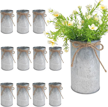 6" High Vase Centerpiece for Table, Rustic Farmhouse Mason Jars with Twine Bow, Vintage Galvanized Metal Flower Container for Wedding Home Decor (Silver, 12Pcs)