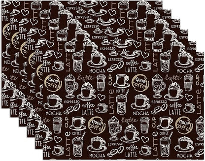 Coffee Placemats Set of 6,Washable Heat Resistant 12×18 Inch Linen Table Mats Funny Place Mats for Party Outdoor Dining Décor