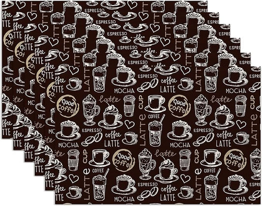 Coffee Placemats Set of 6,Washable Heat Resistant 12×18 Inch Linen Table Mats Funny Place Mats for Party Outdoor Dining Décor