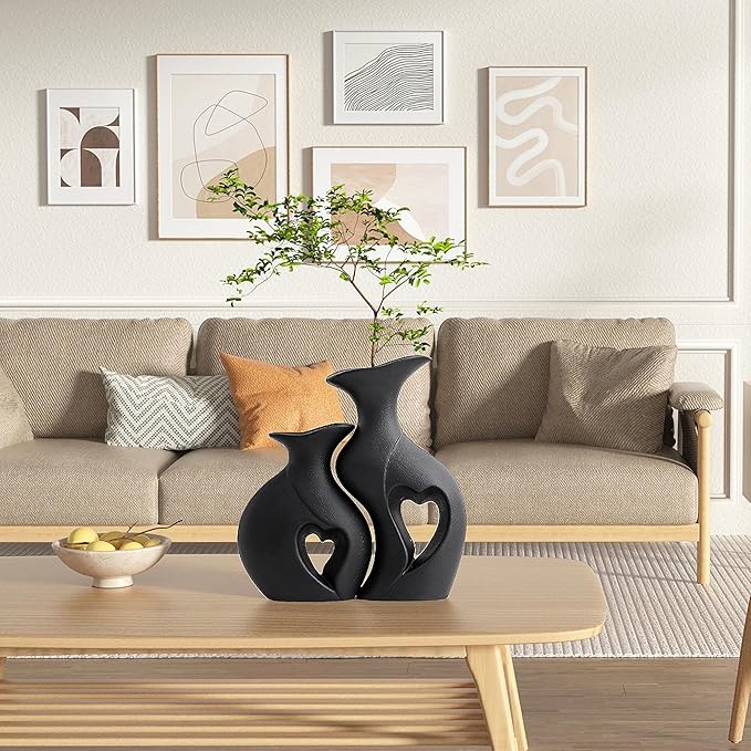 Black Ceramic Vase Set of 2,Filled with Love,Modern Minimalist Bohemian Vases Home Decor，Heart Shape Matte Ceramic Vases for Dinner Table Bookshelf Modern Home Console