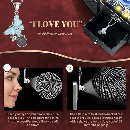 Preserved Sky Blue Real Rose with I Love You Butterfly Necklace-Eternal Flowers Rose Birthday Gifts for Women Wife Mom Girlfriend Grandma on Mothers Day Valentines Anniversary Christmas Romantic
