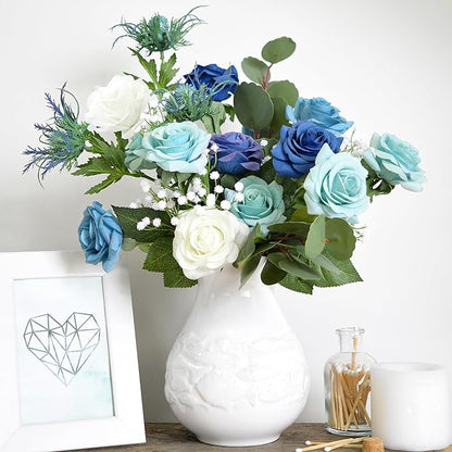 FiveSeasonStuff Artificial Blue and White Rose Bridal Bouquet – Real Touch Wedding Flowers with Eucalyptus, Baby’s Breath & Thistles – DIY Floral Kit for Ceremony, Centerpiece, Home Decor
