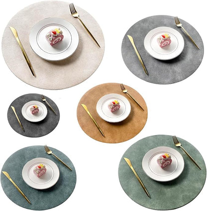 UnivoColors PU Leather Placemats Set of 6,15 Inches Round Washed Cowhide Pattern Table Mats for Dining Table, Kitchen, Party Decoration(Black+Blue+Grey+Camel+Beige+Green)