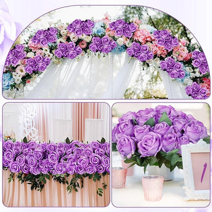 80 Pcs Roses Artificial Flowers, Silk Light Purple Artificial Flowers Petals Long Stem Roses for Wedding Bouquet Home Party Decor