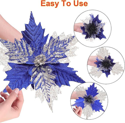 10'' Large Christmas Glitter Poinsettia Flowers Decorations, stadeco 10 Pcs Christmas Tree Picks Ornaments Artificial Flowers with Long Stems for Xmas Tree Wreath Garland Wedding Party DIY Decor