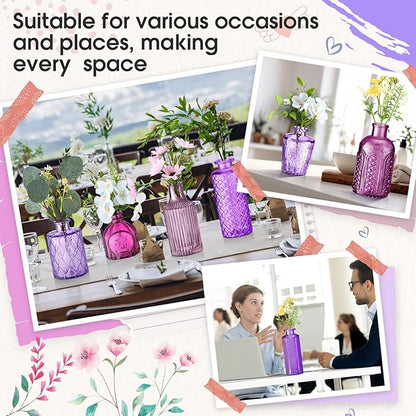 Yaomiao 30 Pcs Vases Bulk Colored Flower Glass Christmas Vases Bud Vintage Colored Glass Bottles Colorful Rustic Embossed for Home Wedding Table Decorations Gifts(Purple Series)