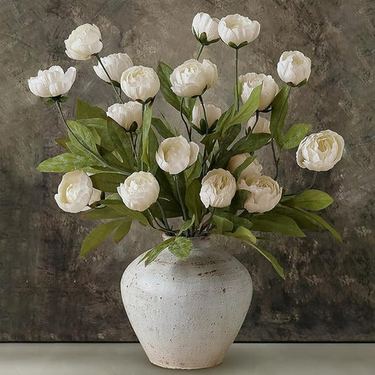 VIERENA 12 Pcs Faux Silk Peony Artificial Flowers for Vase -27", Bulk Fake Peonies Branches with Stems for DIY Bouquet Centerpieces Wedding Fillers Arrangements Shower Decorations (Cream)