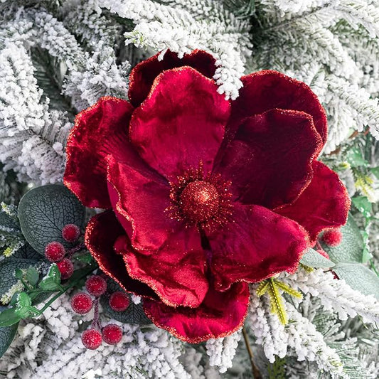 KI Store Velvet Christmas Poinsettia Burgundy Artificial Magnolia Flower Ornaments Floral Picks Stems for Christmas Tree Decorations Pack of 6 for Xmas Tree Wedding Centerpiece