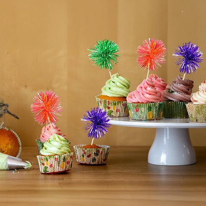 Gyufise 30Pcs Foil Firework Cupcake Toppers Sparkle Tinsel Cake Toppers Tinsel Drink Cake Decoration Cocktail Picks for Halloween Birthday Wedding Graduation Party Supplies Purple Green Orange