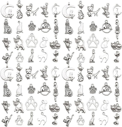 WOCRAFT 60pcs Antique Silver Cat Bracelet Charms for Jewelry Making Sets DIY Necklace Bracelet Keychain Crafting Charms Kit Craft Supplies (SN839)