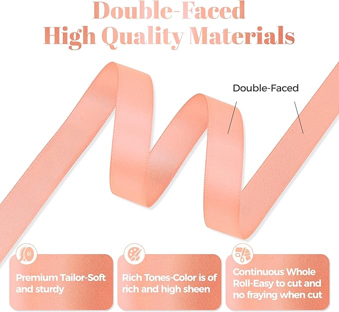 Peach Satin Ribbon, Double Faced 1/2 Inch X 25 Yards, Premium Polyester Satin Ribbon for Gift Wrapping, Crafts, Wedding Party Decor