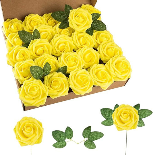 Artificial Flower Foam Rose 25pcs Real Looking Fake Rose with Stems Leaves for Home Decoration Party Garden Centerpieces DIY Wedding Bouquets（Yellow）