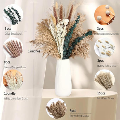 Musunny Dried Pampas Grass Decor ,17" Dried Flowers for Vase, Boho Dried Flower Bouquet with Eucalyptus for Farmhouse Home Room Office Décor