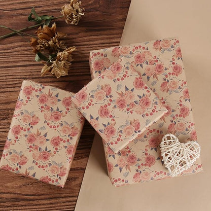 Aimyoo Pink Rose Floral Kraft Wrapping Paper Roll, All Occasion Vintage Flower Gift Wrap for Wedding Birthday Bridal Shower, 17 inch x 10 ft