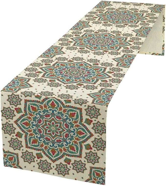Boho Table Runner, Colorful Bohemian Mandala Geometric Floral Table Runner for Kitchen Dining Home Party Decoration, 13x60 Inch