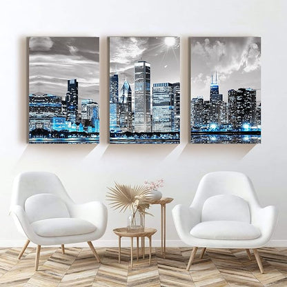 SERIMINO Wall Decor Living Room Modern City Chicago Skyline Large Canvas Wall Art for Bedroom Poster for Office Farmhouse 3 Pieces Set Wood Framed Night Scene Prints Paintings for Home 20"X28"