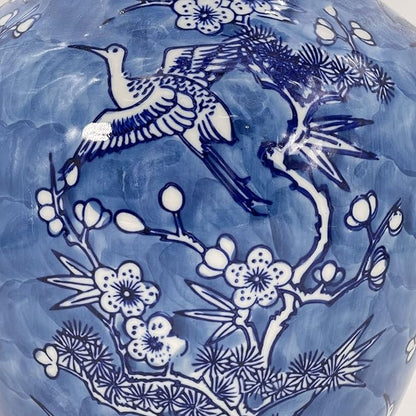 Galt International White & Blue Floral Crane Chinoiserie Ceramic Vase 14" - Hand Painted Antique Style Porcelain Bird & Flower Bottle Fishtail Porcelain Chinese Vase for Home Decor Centerpiece