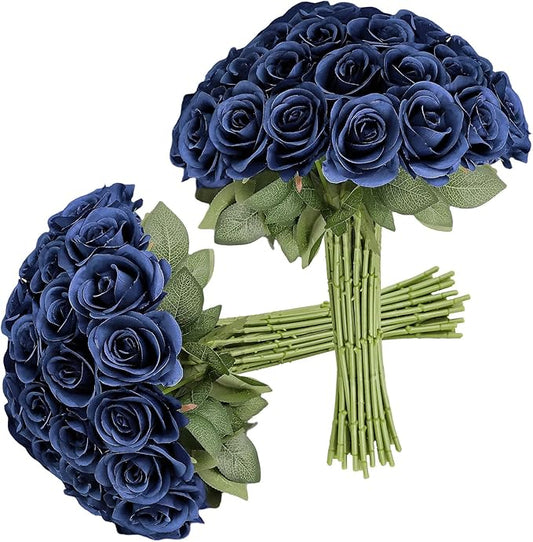 30pcs Roses Artificial Flowers Navy Blue Fake Roses Flowers with Long Stems Silk Flowers for Wedding Bouquet Centerpices Decorations Party Bridal Baby Shower Home Decor