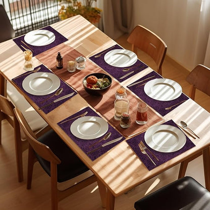 Purple Placemats Set of 6,Eggplant Color Mandala Floral Design Place Mats, Washable Heat Resistant 12×18 Inch Linen Table Mats for Kitchen Dining, Boho Home Decor