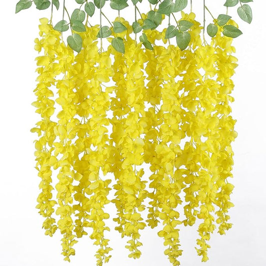 mizii 6Pcs Yellow Wisteria Hanging Flowers 48" Silk Wisteria Artificial Flowers Garland Vines Fake Hanging Flowers Decoration for Wedding Flower Wall Backdrop Centerpieces Party Room Decor (Yellow)
