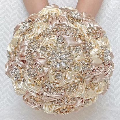 Handmade Satin Rose Floral Bling Pearl Decor Bridal Wedding Bouquet Rhinestone Pendant Artificial Brooch Flowers for Bride Bridesmaid Quinceanera