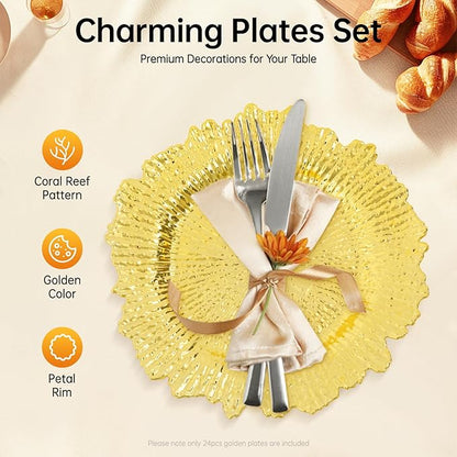 24 Pcs Gold Charger Plates Bulk, 13" Reef Plate Chargers for Dinner, Round Plastic Floral Table Charger Plates for Table Setting, Wedding, Christmas, Party, Event, Decoration