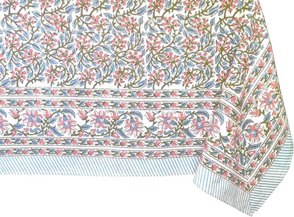 ATOSII Kalina 100% Cotton Rectangle Tablecloth, Handblock Print Floral Table Cloth for Kitchen Dining Linen I Weddings Outdoors Easter Spring Summer I 72 X 140 Inches I 12 Seater