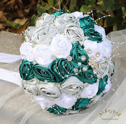 Bridal Wedding Bouquet Round Bling Brooch Bouquet Throw Toss Artificial Rose Flower Bunch for Bride Bridesmaid Wedding Quinceanera(Dark Green, Silver & White, 8.7")