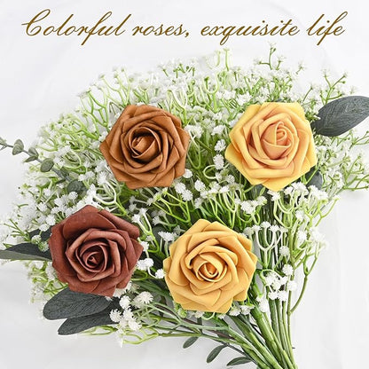 BLEUM CADE 16Pcs Artificial Flowers Fake Roses with Stems, Gradient Burnt Orange Boxed Foam Roses for DIY Bouquets Centerpieces Wedding Party Arrangement Bridal Shower Decor
