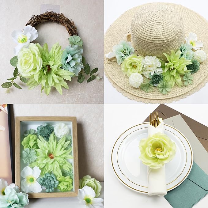 56pcs Faux Flower Heads for Crafts Artificial Green Real Looking Fake Rose Peony Hydrangea Flowers for Craft Garland Wedding Party DIY Home Decoration