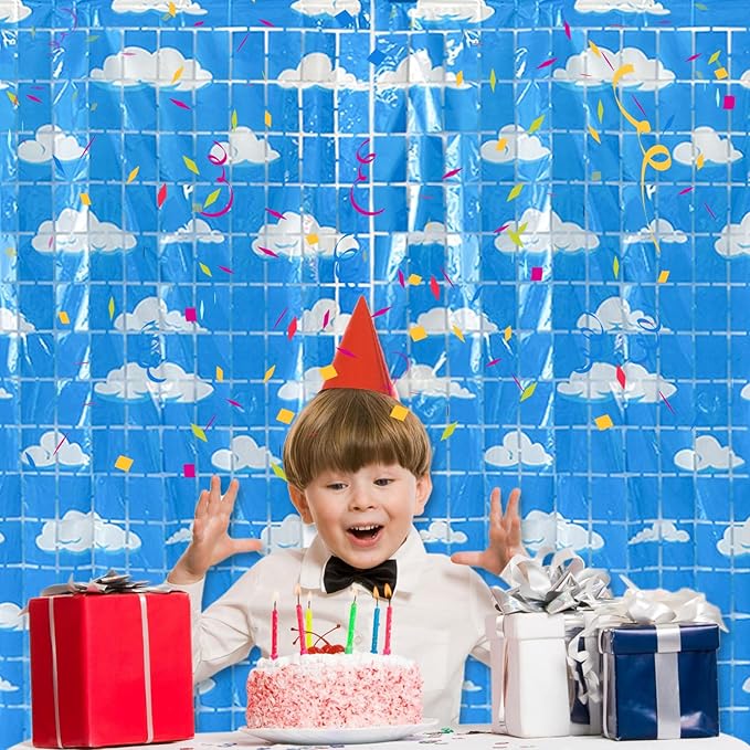 Blue Sky White Clouds Birthday Party Decorations 2 Pack Clouds Foil Fringe Curtains 3.28 x 6.56Ft Cartoon Story Tinsel Streamers Curtain Backdrop Birthday Baby Shower Cloud Theme Photo Booth Backdrop