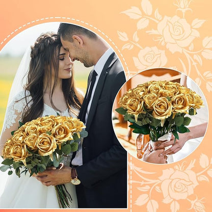 30pcs Fake Roses Artificial Silk Flowers Long Stems Bouquet for Wedding Bridal Shower Party Home Decoration (Gold)