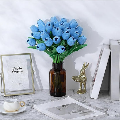 SITUMEIZI 15pcs Blue Tulips Fake Artificial Flowers Real Touch 14" Silk Flower for Home Decor Spring Easter Wedding Bouquet Decorations Floral Arrangements