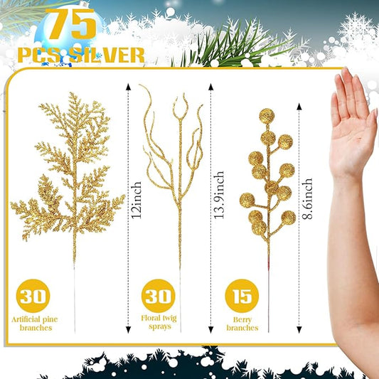 75 Pcs Christmas Glitter Branches 3 Styles Artificial Christmas Picks Berries Stems Pine Needles Floral Twig Spray for Xmas Tree Ornaments DIY Wreath Garland(Gold)