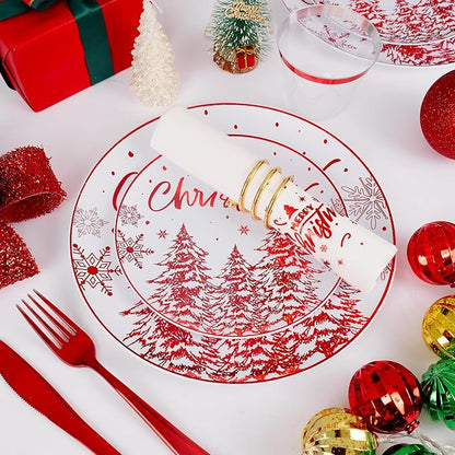 Rubtlamp 175 Pcs Christmas Plastic Plates And Napkins, Christmas Plates Disposable, White And Red Plastic Dinnerware Include 25Dessert Platos, 25Dinner Platos, 75 plastic cultery, 25Cups, 25Napkins