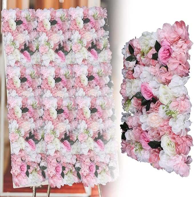 12 Pcs Artificial Flower Wall Panels 60x40cm 3D Flower Background for Wall, Wedding Flower Decorations Wall Silk Rose Panels for Candy Wall, Photo Areas, Stage Background Wall(Dahlia + Rose + Leaf)