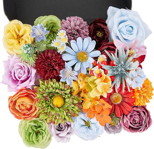 Artificial Flowers Combo Box, 38PCS Fake Flowers, Silk Flower Mix with Wire Stem, DIY Wedding Bridal Bouquet Shower Party Home Décor (Multi Color)