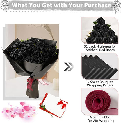 Black Roses Artificial Flowers Bulk, 52Pcs Fake Roses Flower Arrangement, DIY Silk Flowers Roses Bouquet, Realistic Faux Artificial Roses for Mother's Day Home Table Decor