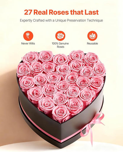 VEVOR Forever Flowers, 27 Preserved Roses in a Heart Shape Box, Eternal Flowers Immortal Bouquet Birthday Present for Women Her Wife Mothers, Anniversary, Valentine's Day,Christmas, Pink